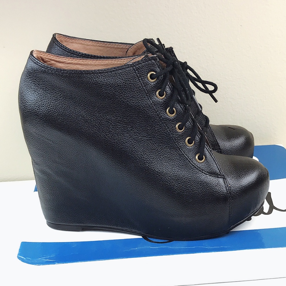 Black Leather Platform Wedge Ankle Booties 99 Tie